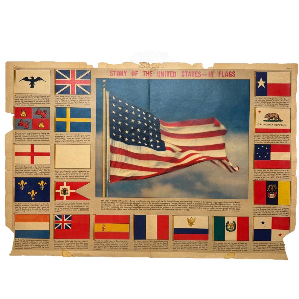 1941 Newspaper Supplement Story Of United States In Flags WWII Homefront Color